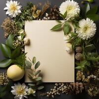 plants flowers with mockup paper card note Flat lay Nature concept top view . photo
