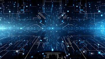 abstract technology background with circuit board and blue lights digital communication line concept graphic, hardware computer tech integrated energy design information internet . photo
