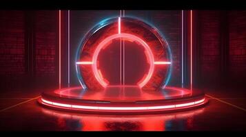 technology futuristic circle with glowing neon light podium stage . photo