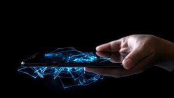 Human hand touching hologram screen with finger with glowing polygonal wireframe on dark background . photo