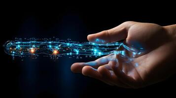 Human hand touching hologram screen with finger with glowing polygonal wireframe on dark background . photo