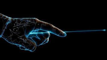 Human hand touching hologram screen with finger with glowing polygonal wireframe on dark background . photo