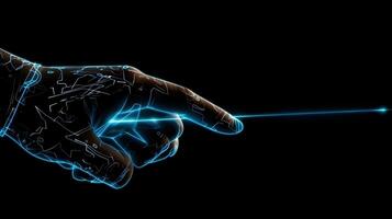 Human hand touching hologram screen with finger with glowing polygonal wireframe on dark background generative AI. photo