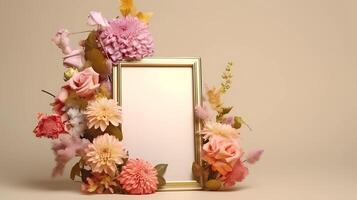 Empty photo frame with flowers