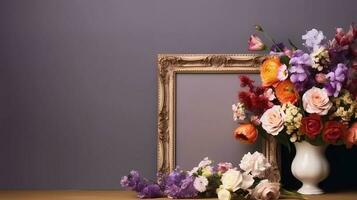 AI Generative Empty photo frame with flowers