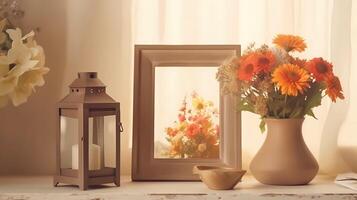 AI Generative empty photo frame with Rustic Lantern with Fresh Flowers