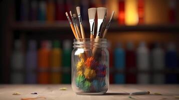 AI Generative Mason Jar with Colorful Paintbrushes photo