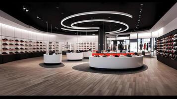 Contemporary Retail Store. Clean and inviting retail environment with a white geometrically textured 3D feature wall photo