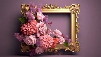 AI Generative Empty photo frame with flowers