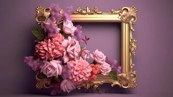 AI Generative Empty photo frame with flowers