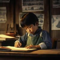 An Asian child studying in a classroom photo