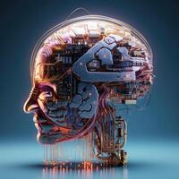 Stylish handsome cyborg head in profile, Futuristic man, artificial intelligence technology photo
