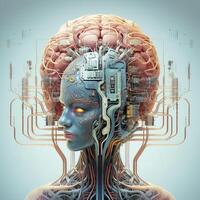 Stylish handsome cyborg head in profile, Futuristic man, artificial intelligence technology photo