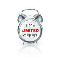 Realistic alarm clock with special offer on dial. Limited time offer banner. Big sale discount. Vector illustration