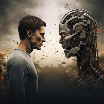 The face of a businesswoman and a robot opposite each other look into the eyes. Modern technologies, robot versus human, artificial intelligence, neural networks. technology. photo