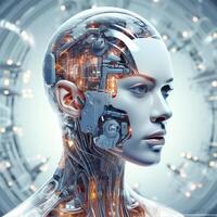 Stylish handsome cyborg head in profile, Futuristic man, artificial intelligence technology technology, photo