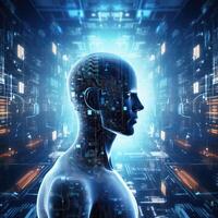 Stylish handsome cyborg head in profile, Futuristic man, artificial intelligence technology photo