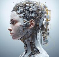 Stylish handsome cyborg head in profile, Futuristic man, artificial intelligence technology technology, photo