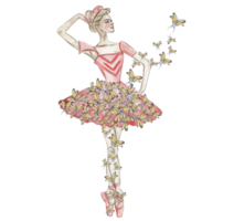 Watercolor dancing ballerina in red dress with butterflies. png