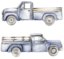 Vintage watercolor blue truck, hand drawn illustration of old retro car . png