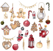 A set of Christmas cookie, lamp,new year toys. Hand drawn watercolor illustration for winter holiday. png