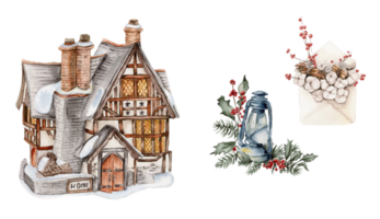 Watercolor winter house with a snow covered roof, lamp, envelop and cotton branches. png