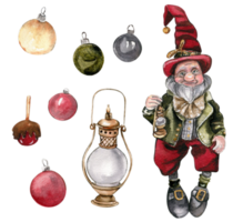 A set of Christmas gnome and new year toys. Hand drawn watercolor illustration for winter holiday. png