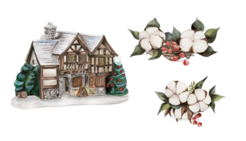 Watercolor winter house with a snow covered roof. Hand drawn illustration of a winter cottage png