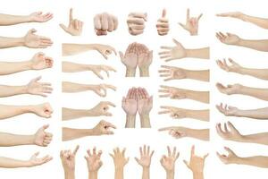 Collection of human hands in multiple gesture isolated on white background with clipping path. photo