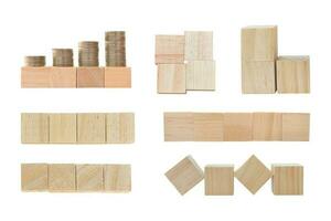 Collection of different wood toy cubes isolated on white background. Object with clipping path. photo