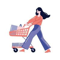 Hand Drawn woman with shopping cart in flat style vector