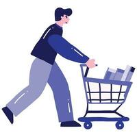 mano dibujado hombre con compras carro en plano estilo vector