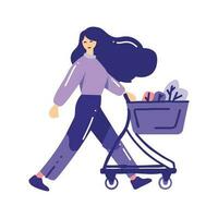 Hand Drawn woman with shopping cart in flat style vector