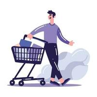 Hand Drawn man with shopping cart in flat style vector