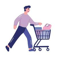 Hand Drawn man with shopping cart in flat style vector