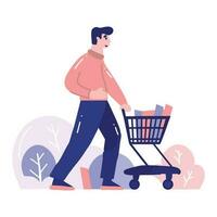 mano dibujado hombre con compras carro en plano estilo vector