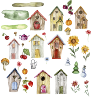 een oud houten huis en bloemen reeks . een oud roestig glazuur element. png