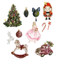Set of elements for Christmas. Tree toys, girl, nutcracker, new year tree . png