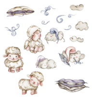 Aquarell Hand gezeichnet flauschige Schaf, Wolken und Kissen. png