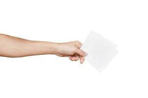 Hand holding pieces of paper cards, tickets, flyers, invitations or coupons, Isolated on white background with clipping path. photo