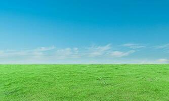 Green grass field and blue sky with clouds background. photo