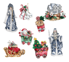 Set of elements for Christmas. Christmas sledges, skates, wagons house Santa and Snow maiden. png