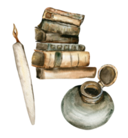 Set of a stack of old books, a quill, a green jar of ink. png