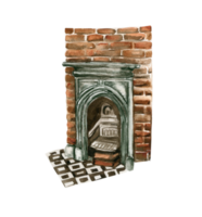 Watercolor old green wood brick fireplace. png