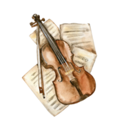 Old violin lies on paper with notes. png