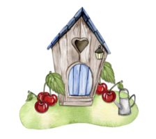 An old wooden house with flower composition . An old rusty enamel element. png