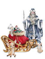 Watercolor illustration of Santa Claus with Christmas stick in blue coat with white ornament and baby animals. png