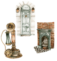 Set of vintage green fireplace, door, phone. png