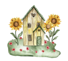 An old wooden house with flower composition . An old rusty enamel element. png