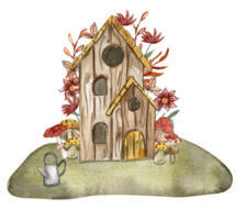 An old wooden house with flower composition . An old rusty enamel element. png